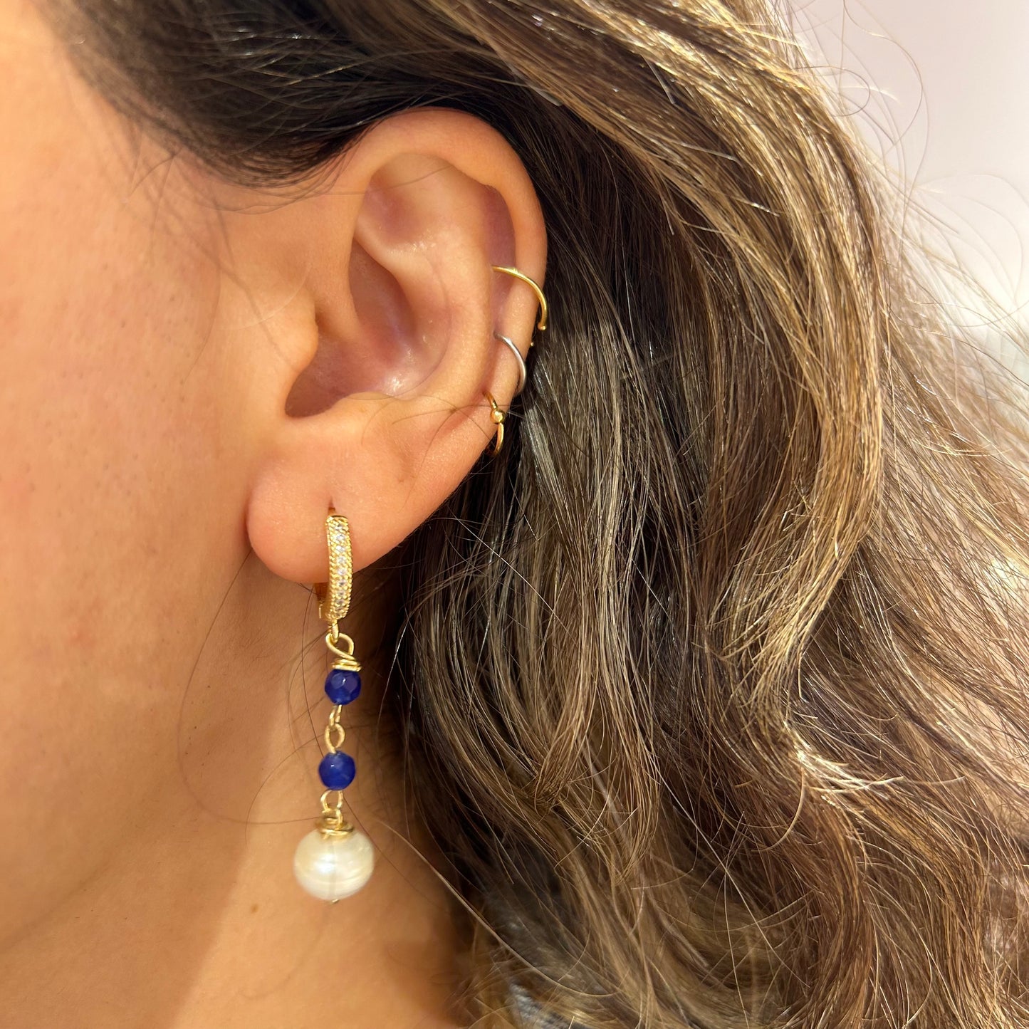 Drop Pearl Blue Stones Earring