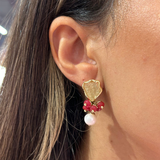 Red Stones Pearl Earring